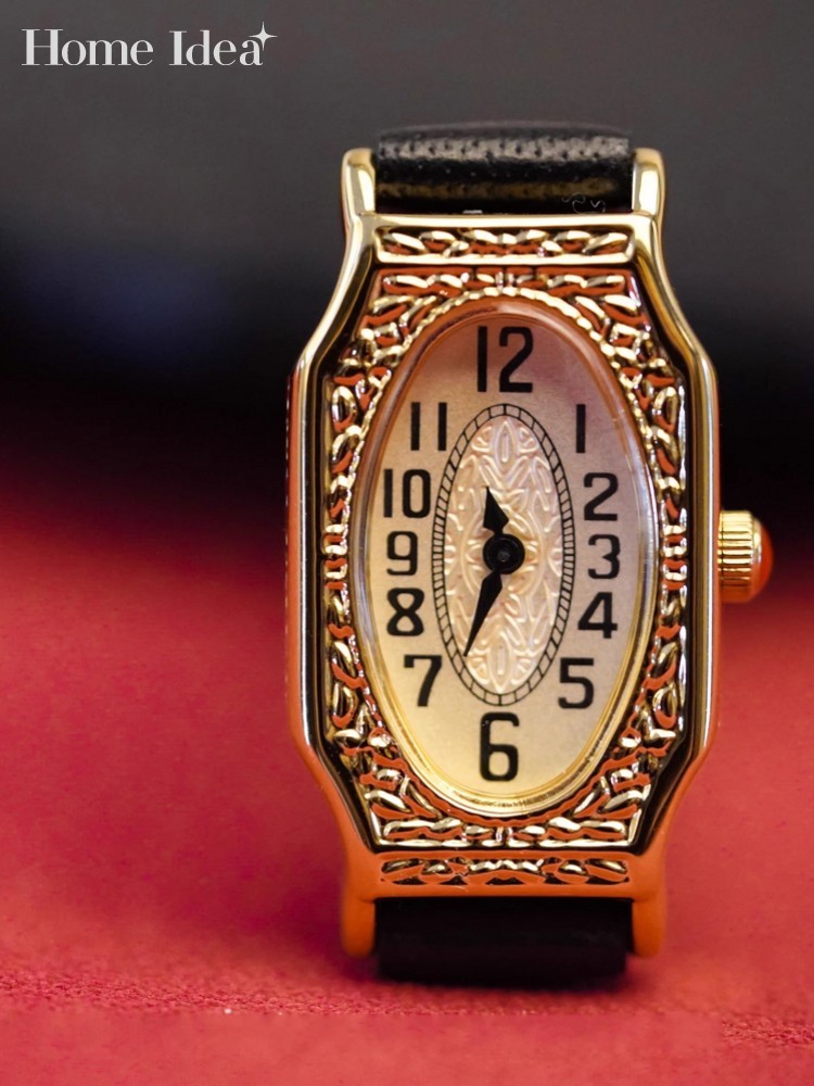 Leatherwork Ideas - Relógio Vintage Feminino com Ponteira Dourada,